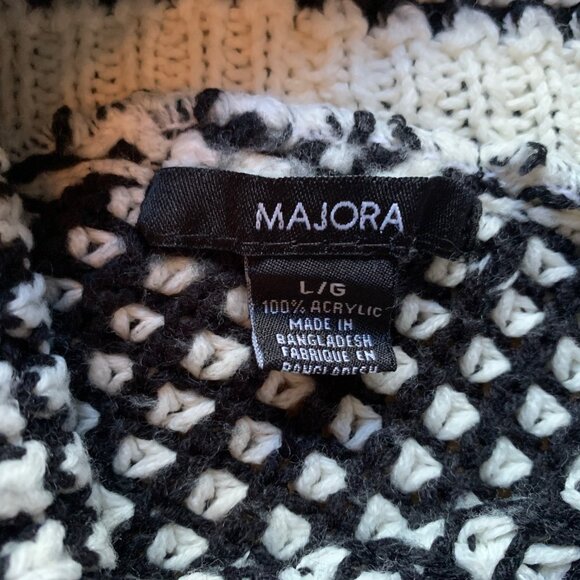 MAJORA Black & White Knit Button Poncho with Fringe | Size L/6 - Picture 7 of 8